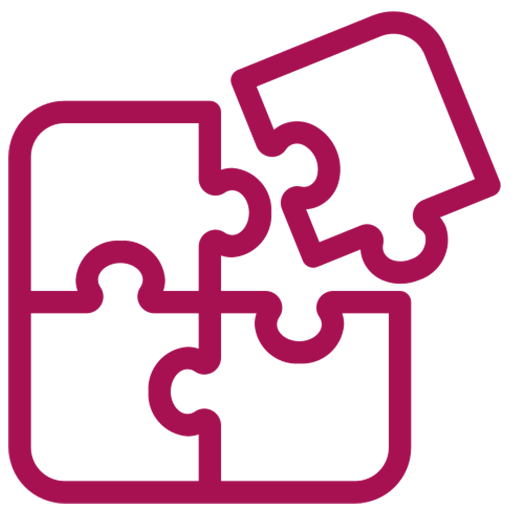 Icon zum Thema Komplettpakete & Betreuung: 4 zueinander passende Puzzleteile, 3 sind fest verbunden, ei viertes dockt gerade an