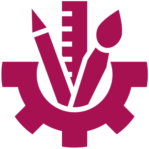 Icon zum Thema Printmedien & Grafikdesign: halbes Zahnrad und darin Stift, Pinsel und Lineal