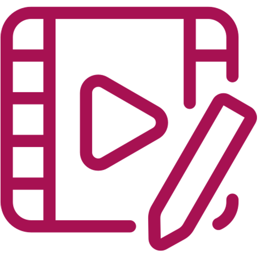 Icon für Video & Content: eine Filmrolle mit einem Stift davor
