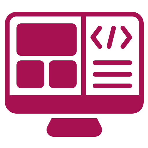 Icon für Webdesign & SEO: ein Computermonitor, darauf mehrere Kacheln sowie angedeuteter Quellcode